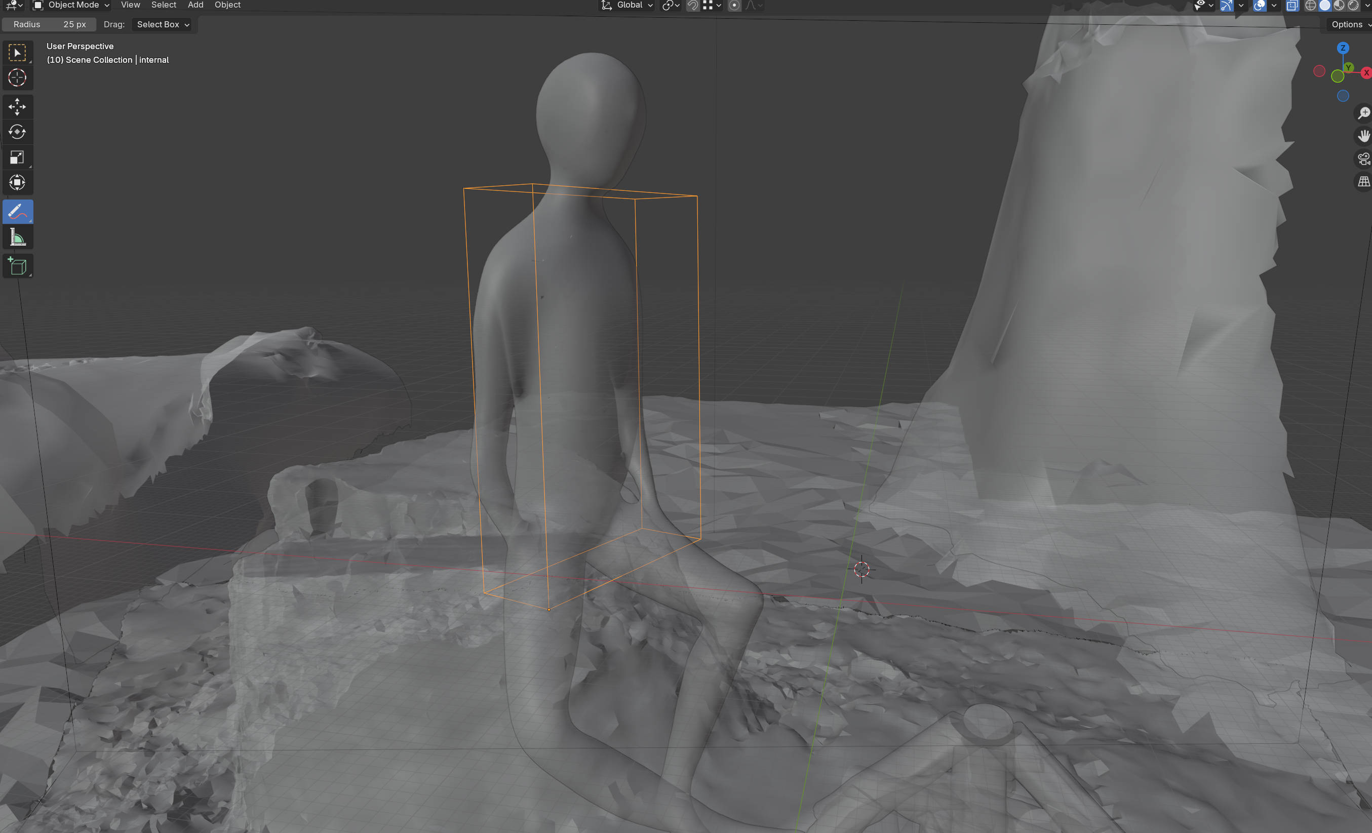 The Blender scene, with the ground manually split into patches whose resolution drops with distance.
