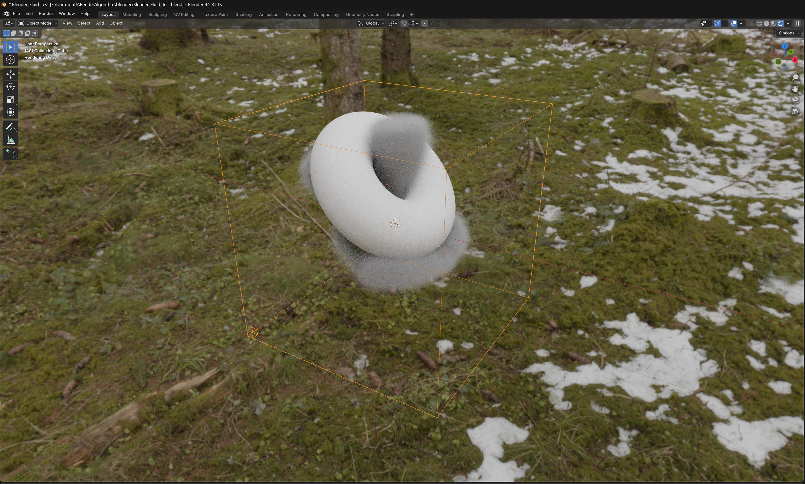 Blender fluid simulation trapping simulated fluid inside the Iceman mesh to form the cloudy interior volume.